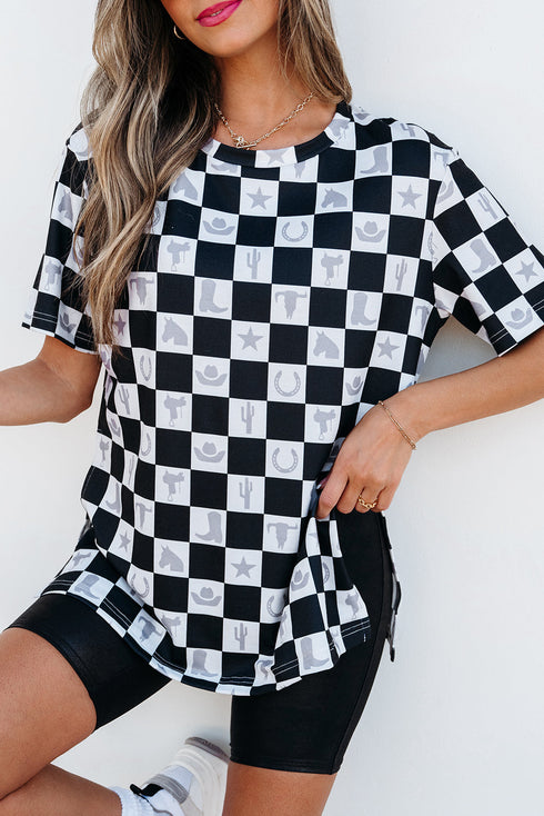 Western Style Checkerboard Print Relaxed Side Split T Shirt