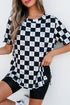 Western Style Checkerboard Print Relaxed Side Split T Shirt