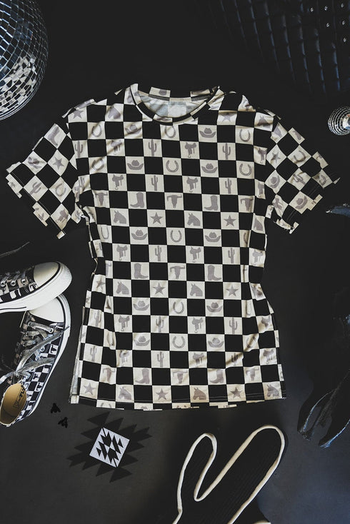 Western Style Checkerboard Print Relaxed Side Split T Shirt