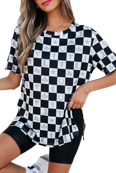 Western Style Checkerboard Print Relaxed Side Split T Shirt