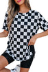 Western Style Checkerboard Print Relaxed Side Split T Shirt