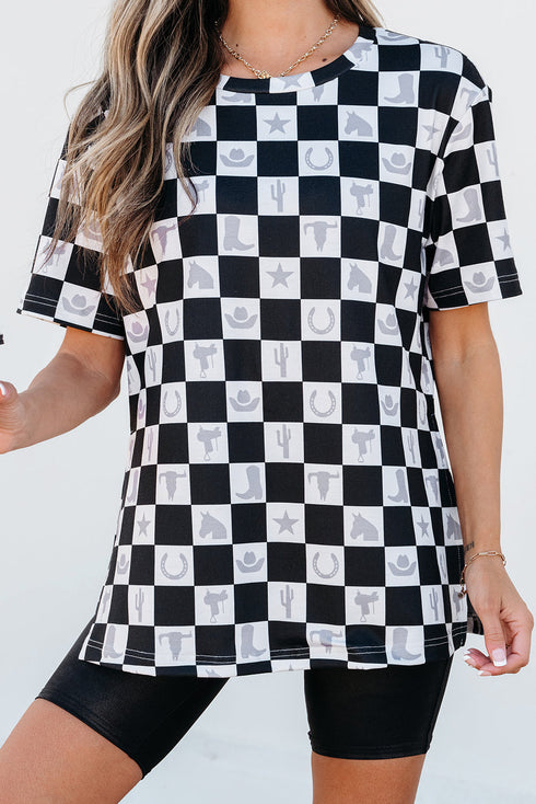 Western Style Checkerboard Print Relaxed Side Split T Shirt