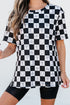 Western Style Checkerboard Print Relaxed Side Split T Shirt