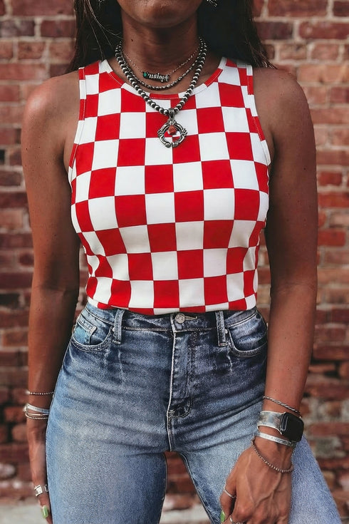 Western Style Checkerboard Printed Slim Tank Top