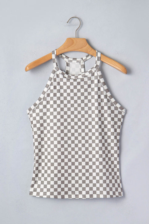 Western Style Checkered Print Textured Halter Tank Top