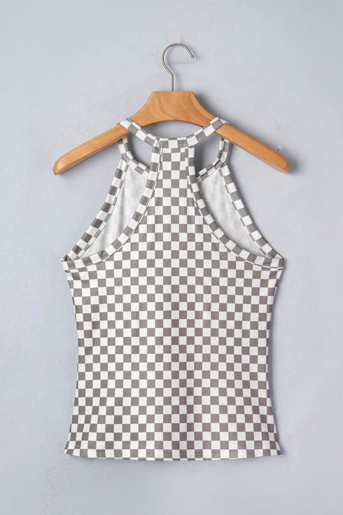 Western Style Checkered Print Textured Halter Tank Top