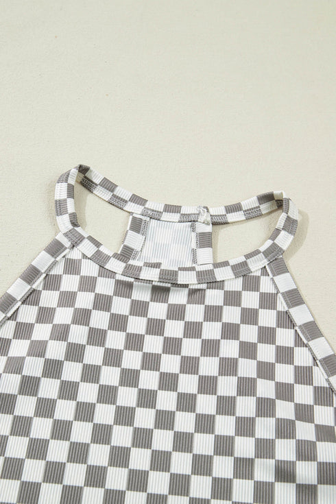 Western Style Checkered Print Textured Halter Tank Top