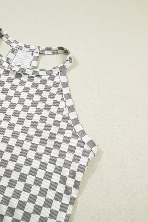 Western Style Checkered Print Textured Halter Tank Top