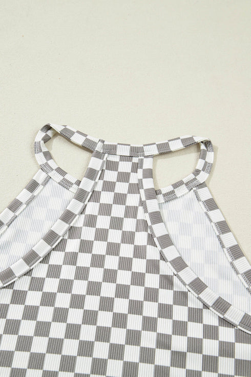 Western Style Checkered Print Textured Halter Tank Top
