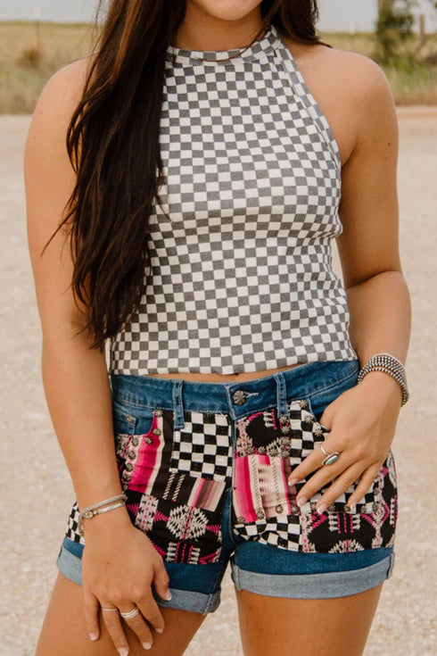 Western Style Checkered Print Textured Halter Tank Top