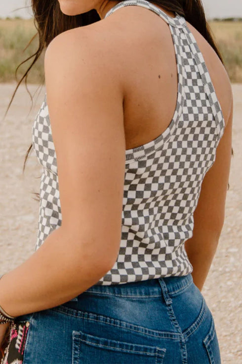 Western Style Checkered Print Textured Halter Tank Top