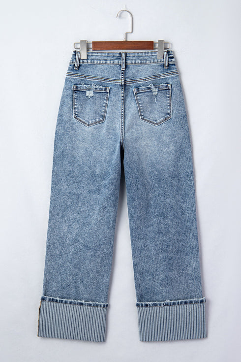 Western Style Cuffed Straight Loose Denim Jeans