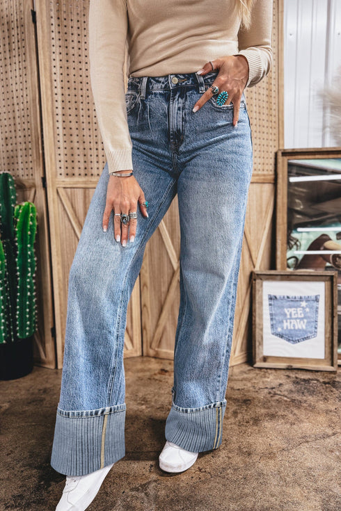 Western Style Cuffed Straight Loose Denim Jeans