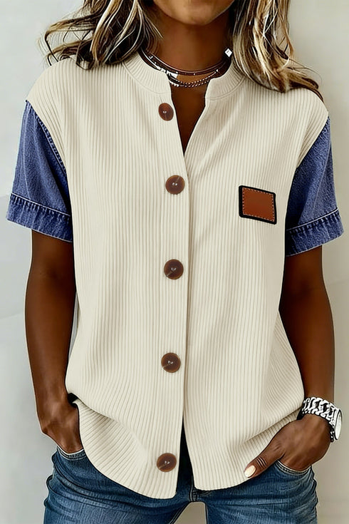 Western Style Denim Patchwork Short Sleeve Ribbed Shirt