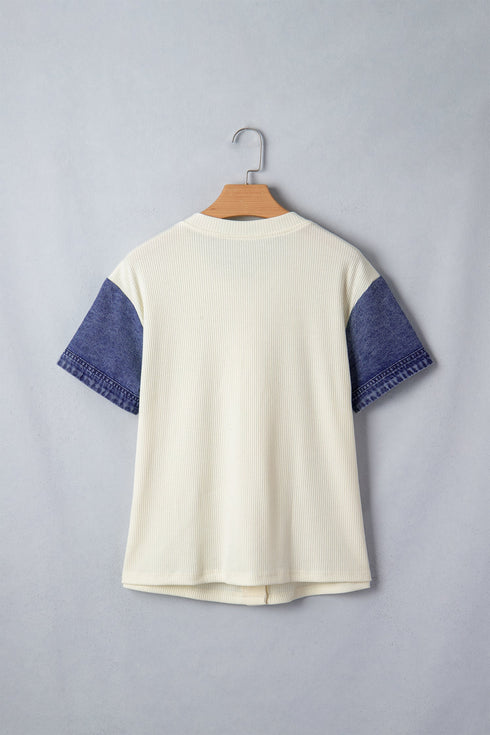 Western Style Denim Patchwork Short Sleeve Ribbed Shirt