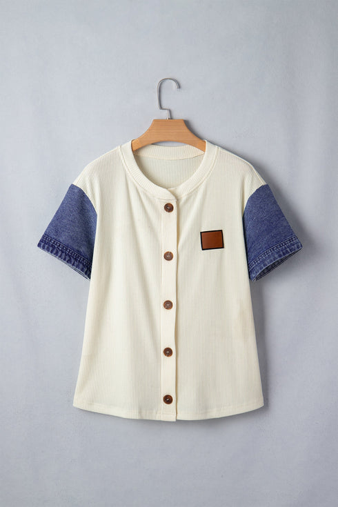 Western Style Denim Patchwork Short Sleeve Ribbed Shirt