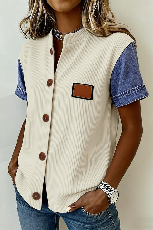 Western Style Denim Patchwork Short Sleeve Ribbed Shirt