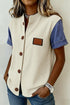 Western Style Denim Patchwork Short Sleeve Ribbed Shirt