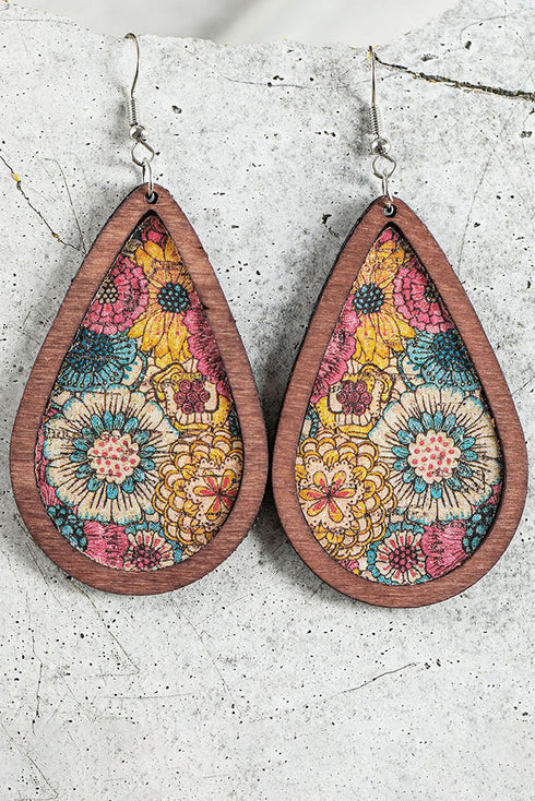 Western Style Floral Print Faux Leather Drop Earrings