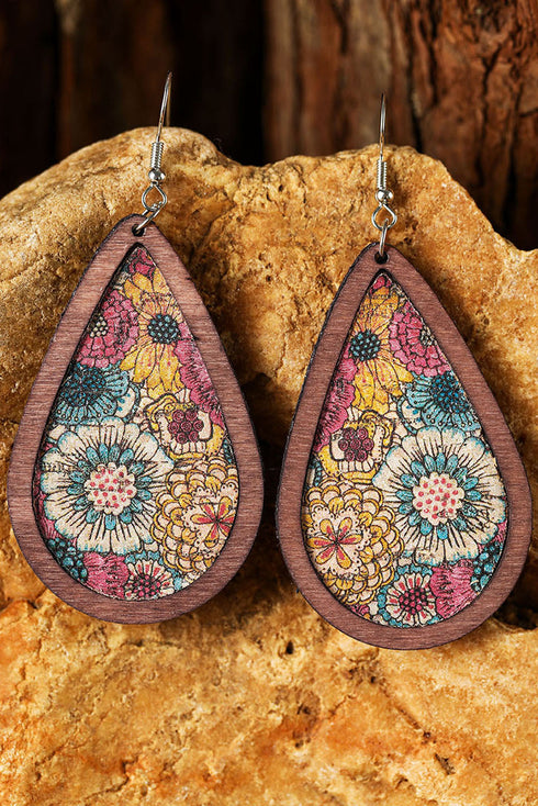 Western Style Floral Print Faux Leather Drop Earrings