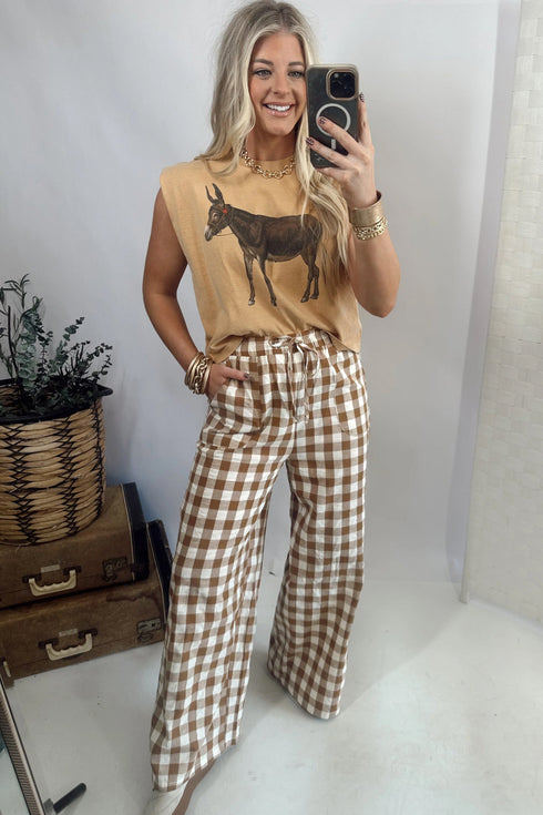 Western Style Gingham Plaid Elastic Waist Wide Leg Pants
