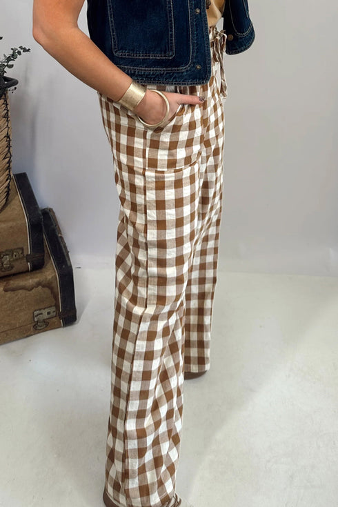 Western Style Gingham Plaid Elastic Waist Wide Leg Pants