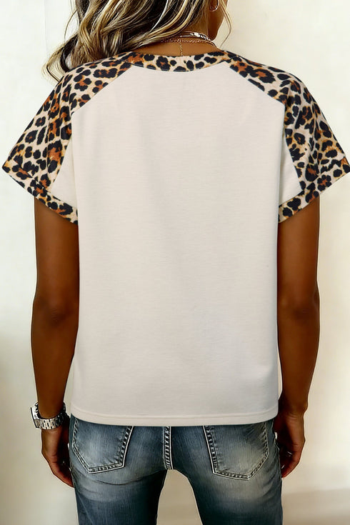 Western Style Leopard Patchwork Half Button Short Sleeve Top