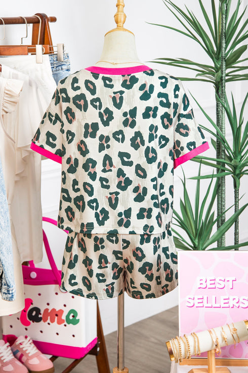 Western Style Leopard Print Contrast Trim Short Set