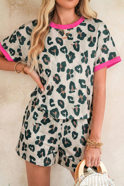 Western Style Leopard Print Contrast Trim Short Set