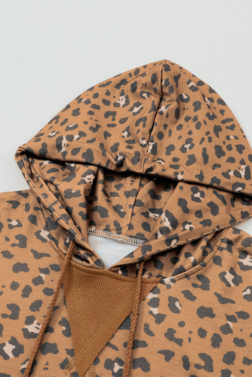 Western Style Leopard Print Cropped Drawstring Hoodie