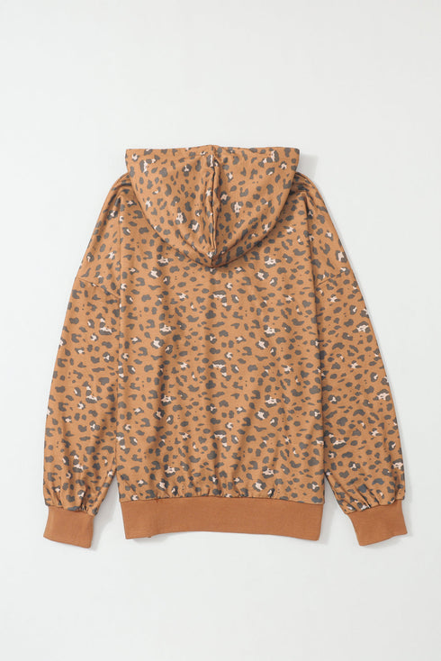 Western Style Leopard Print Cropped Drawstring Hoodie