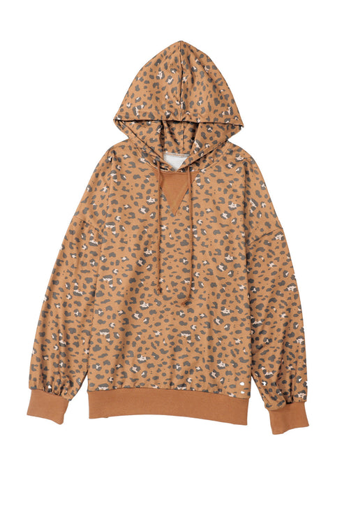 Western Style Leopard Print Cropped Drawstring Hoodie