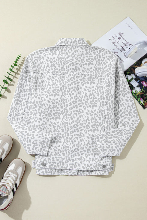 Western Style Leopard Print Flap Pocket Denim Jacket