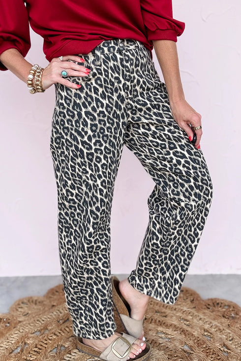 Western Style Leopard Print Relaxed Barrel Jeans
