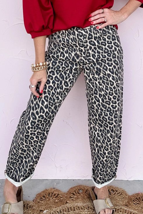 Western Style Leopard Print Relaxed Barrel Jeans