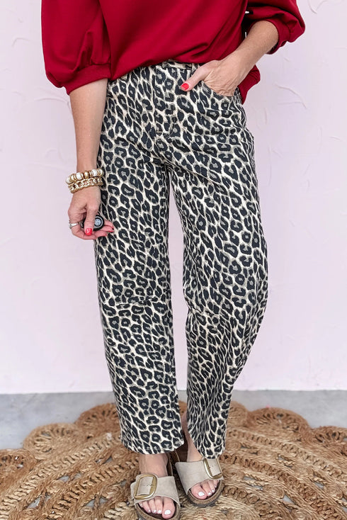 Western Style Leopard Print Relaxed Barrel Jeans