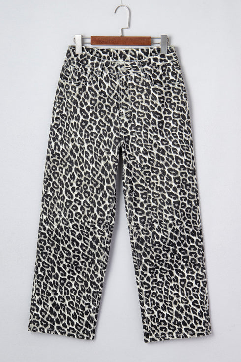 Western Style Leopard Print Relaxed Barrel Jeans