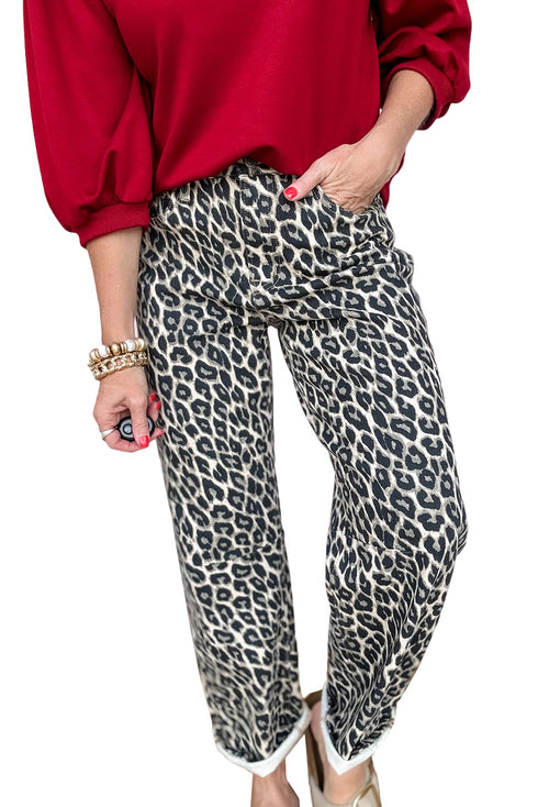Western Style Leopard Print Relaxed Barrel Jeans