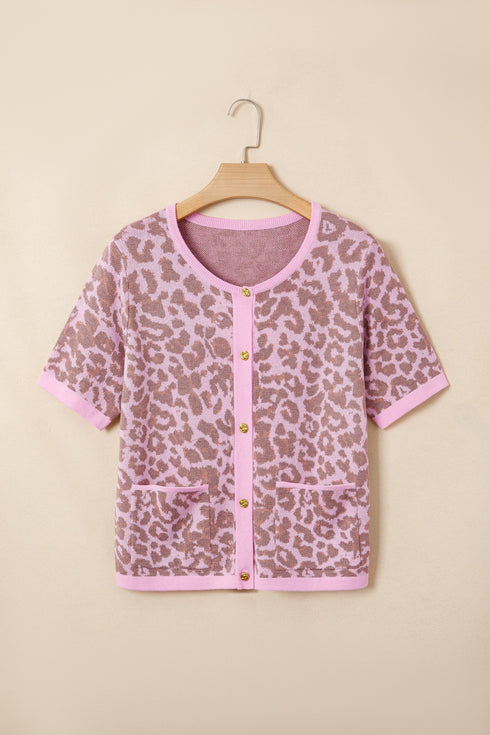 Western Style Leopard Print Short Sleeve Sweater Cardigan