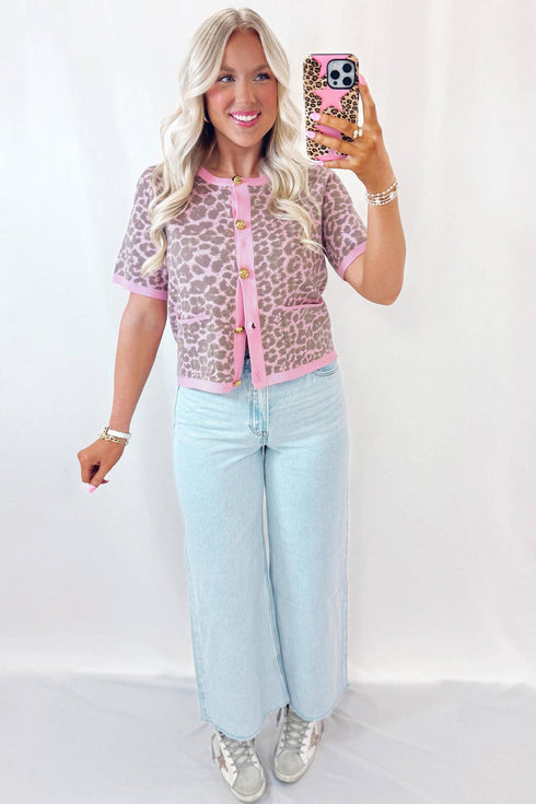 Western Style Leopard Print Short Sleeve Sweater Cardigan