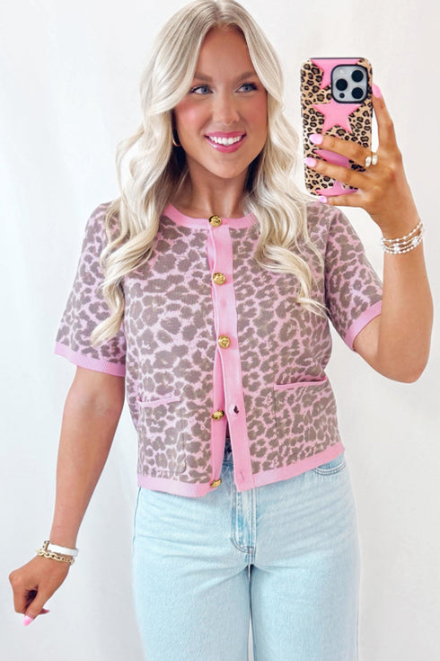 Western Style Leopard Print Short Sleeve Sweater Cardigan