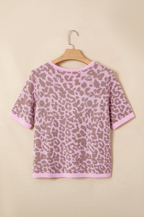 Western Style Leopard Print Short Sleeve Sweater Cardigan