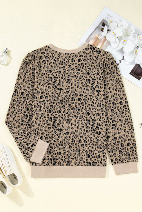 Western Style Leopard Print Textured Long Sleeve Top