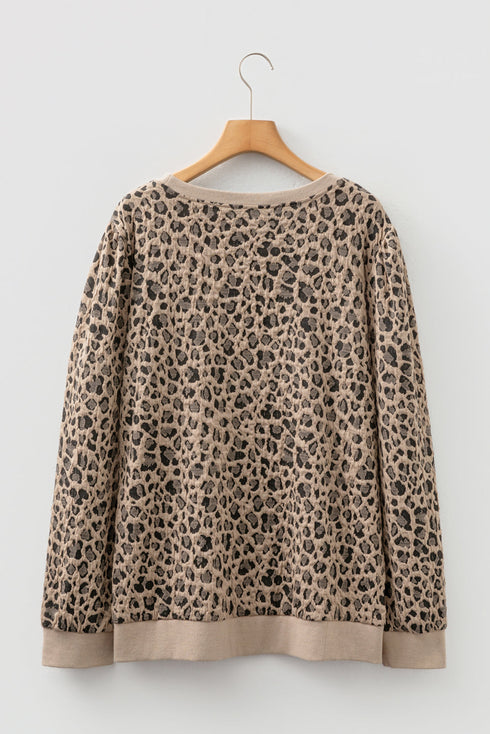 Western Style Leopard Print Textured Long Sleeve Top