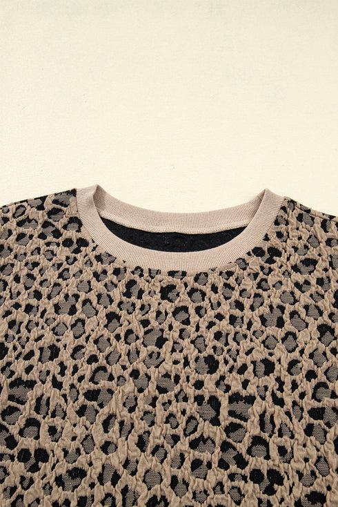 Western Style Leopard Print Textured Long Sleeve Top