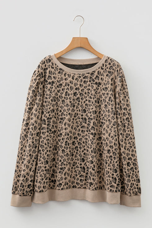 Western Style Leopard Print Textured Long Sleeve Top