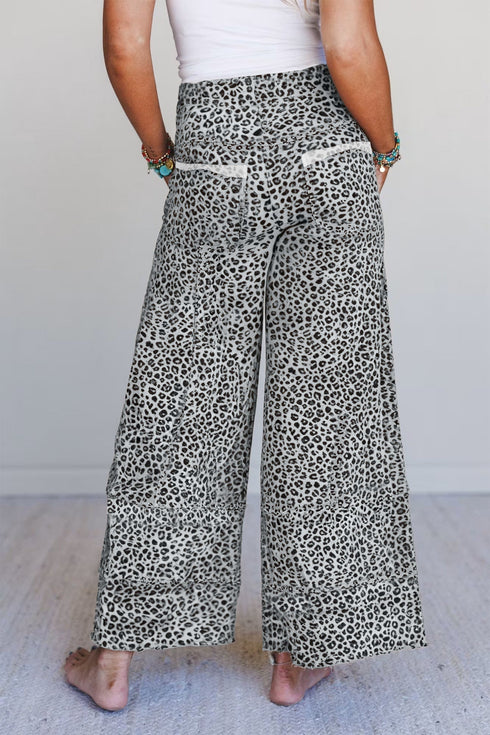Western Style Leopard Print Wide Leg Terry Knit Pants