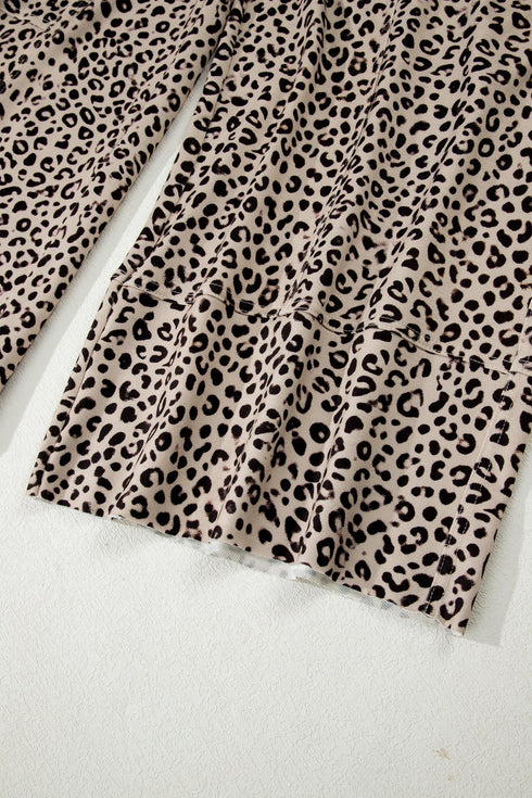 Western Style Leopard Print Wide Leg Terry Knit Pants