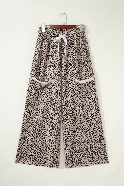 Western Style Leopard Print Wide Leg Terry Knit Pants