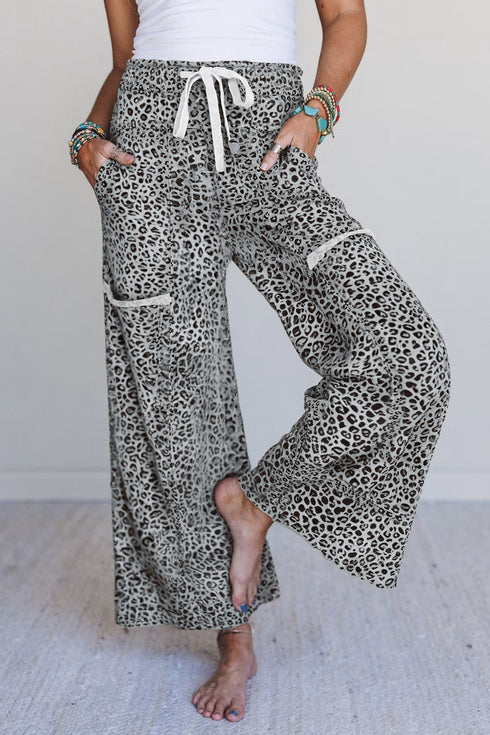 Western Style Leopard Print Wide Leg Terry Knit Pants